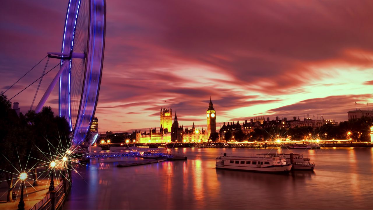 Wallpaper uk, england, london, capital, ferris wheel, night, architecture, lights, promenade, river, thames