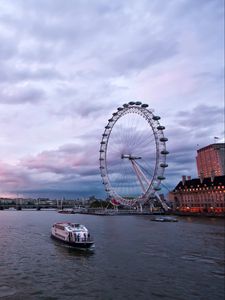 Preview wallpaper uk, england, london, capital, ferris wheel, night, building, architecture, promenade, river, thames, sky, clouds