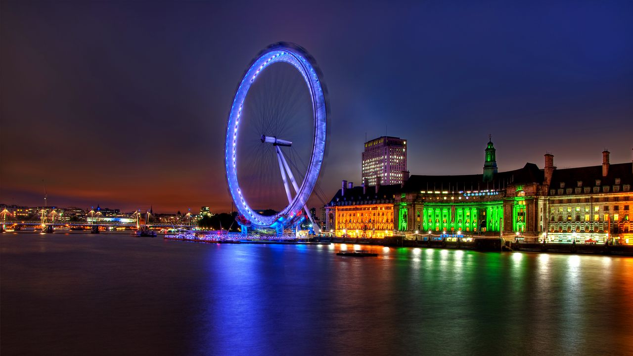Wallpaper uk, england, london, capital, ferris wheel, night, building, architecture, lights, river, thames