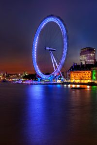 Preview wallpaper uk, england, london, capital, ferris wheel, night, building, architecture, lights, river, thames