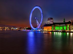 Preview wallpaper uk, england, london, capital, ferris wheel, night, building, architecture, lights, river, thames