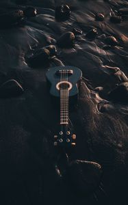 Preview wallpaper ukulele, guitar, musical instrument, beach, black