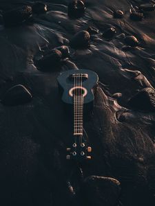 Preview wallpaper ukulele, guitar, musical instrument, beach, black
