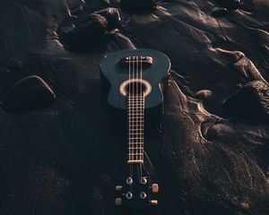 Preview wallpaper ukulele, guitar, musical instrument, beach, black