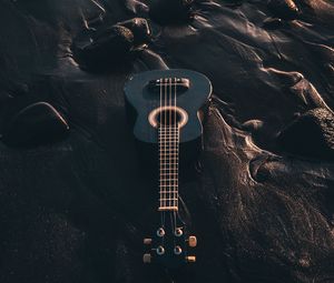 Preview wallpaper ukulele, guitar, musical instrument, beach, black