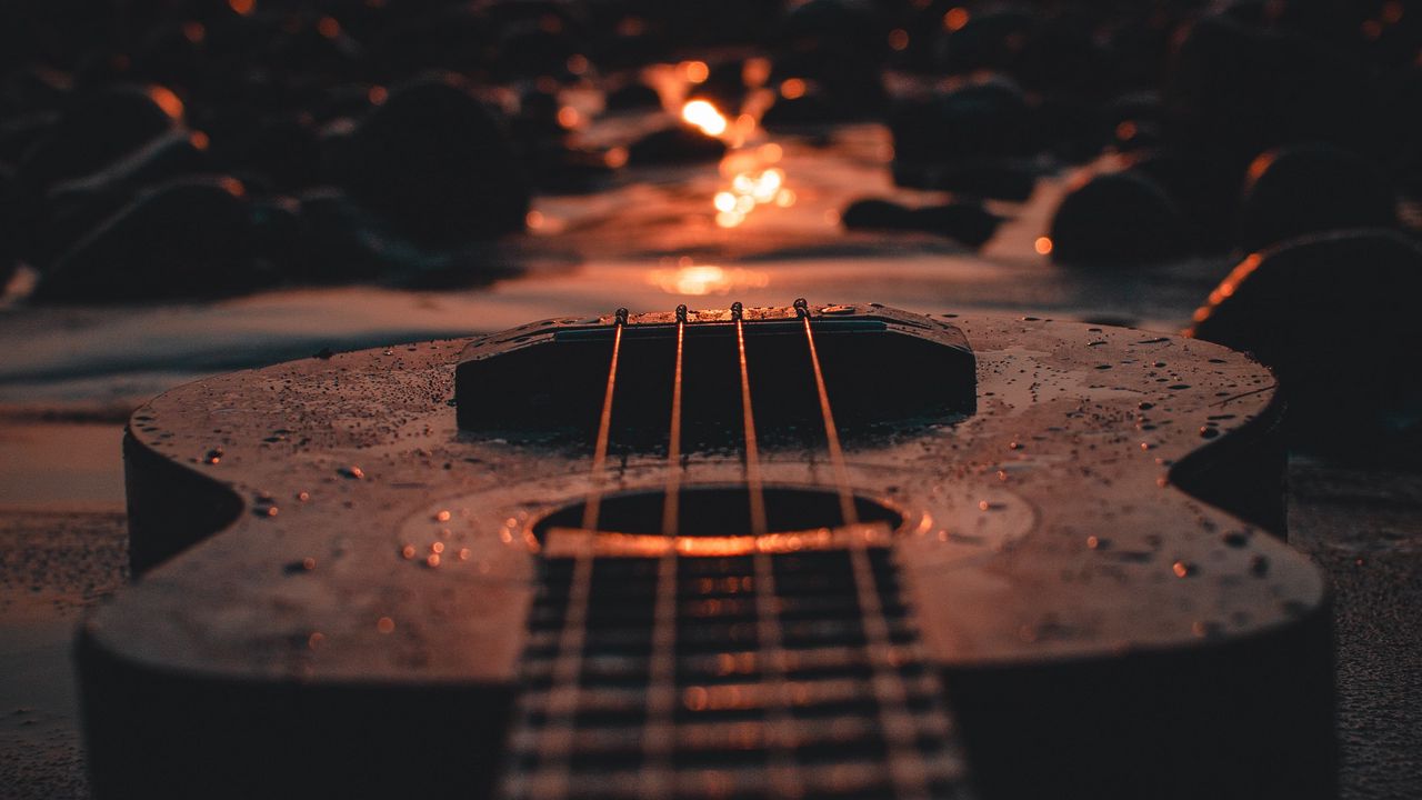 Wallpaper ukulele, guitar, sunset, beach, dusk hd, picture, image