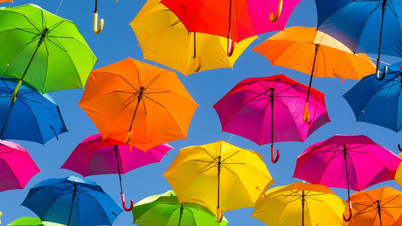 Download wallpaper 1280x720 umbrella, colorful, positive, sky, rainbow,  bright hd, hdv, 720p hd background