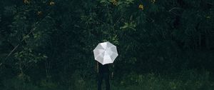 Preview wallpaper umbrella, grass, man, flowers, loneliness