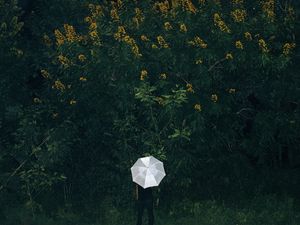 Preview wallpaper umbrella, grass, man, flowers, loneliness