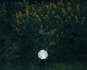 Preview wallpaper umbrella, grass, man, flowers, loneliness