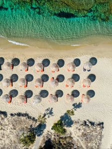 Preview wallpaper umbrellas, beach, aerial view, sea