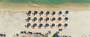 Preview wallpaper umbrellas, beach, aerial view, sea