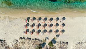 Preview wallpaper umbrellas, beach, aerial view, sea