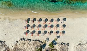 Preview wallpaper umbrellas, beach, aerial view, sea