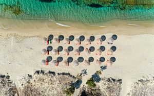 Preview wallpaper umbrellas, beach, aerial view, sea