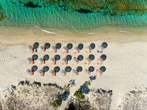 Preview wallpaper umbrellas, beach, aerial view, sea