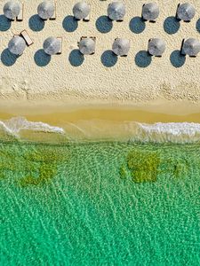 Preview wallpaper umbrellas, beach, aerial view, sea, coast