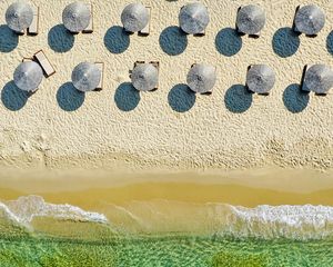 Preview wallpaper umbrellas, beach, aerial view, sea, coast
