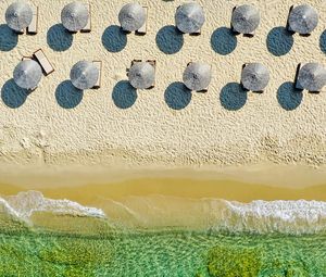 Preview wallpaper umbrellas, beach, aerial view, sea, coast