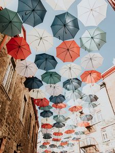 Preview wallpaper umbrellas, colorful, street, city, decoration