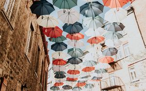 Preview wallpaper umbrellas, colorful, street, city, decoration