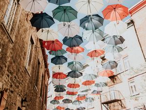 Preview wallpaper umbrellas, colorful, street, city, decoration