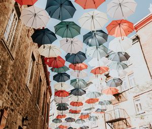 Preview wallpaper umbrellas, colorful, street, city, decoration
