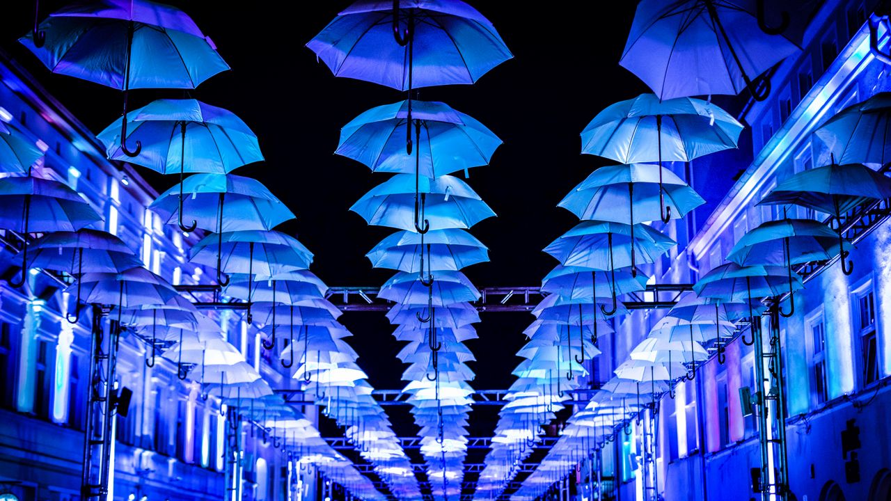 Wallpaper umbrellas, scenery, street, illumination, lights