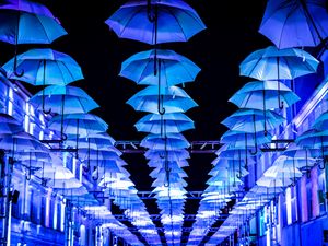 Preview wallpaper umbrellas, scenery, street, illumination, lights