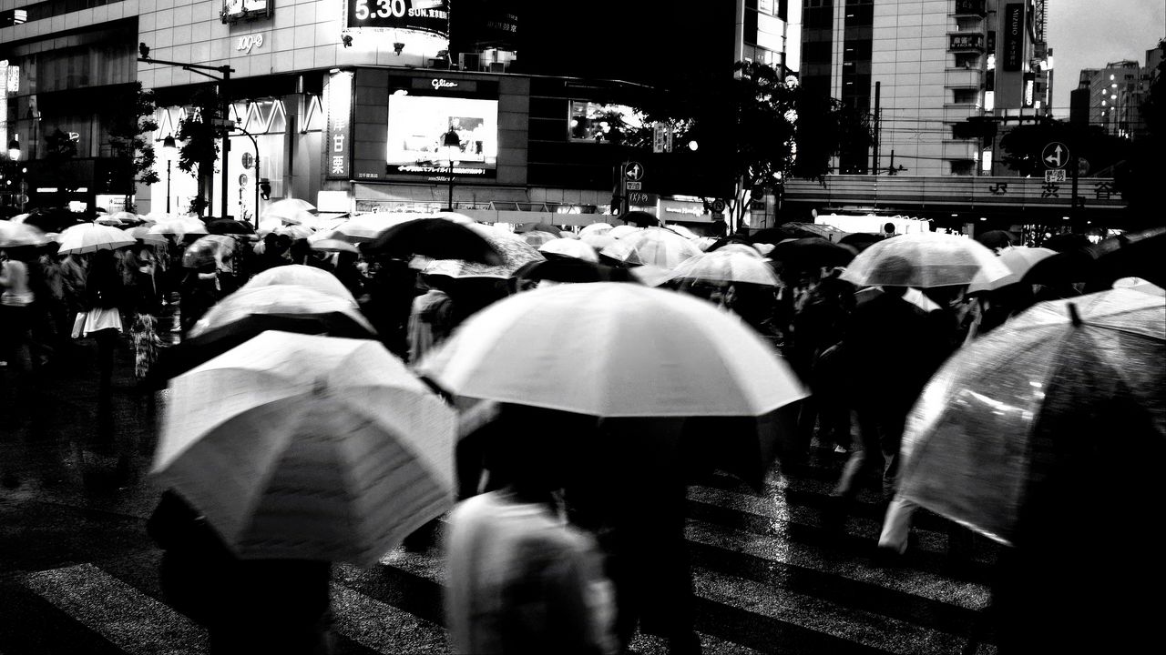 Wallpaper umbrellas, street, bw