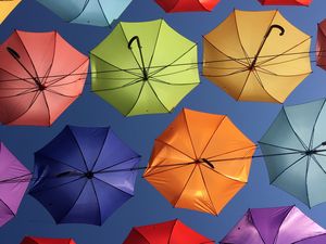 Preview wallpaper umbrellas, umbrella, multicolored, bottom view, decoration