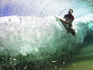 Preview wallpaper under water, surfing, board, guy, sea, bubbles