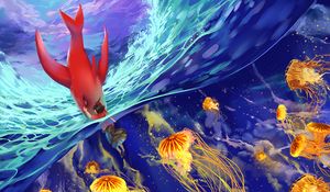 Preview wallpaper underwater world, jellyfish, art, fish, ocean, waves