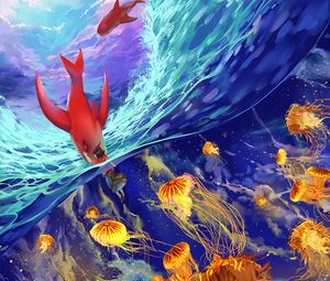 Preview wallpaper underwater world, jellyfish, art, fish, ocean, waves