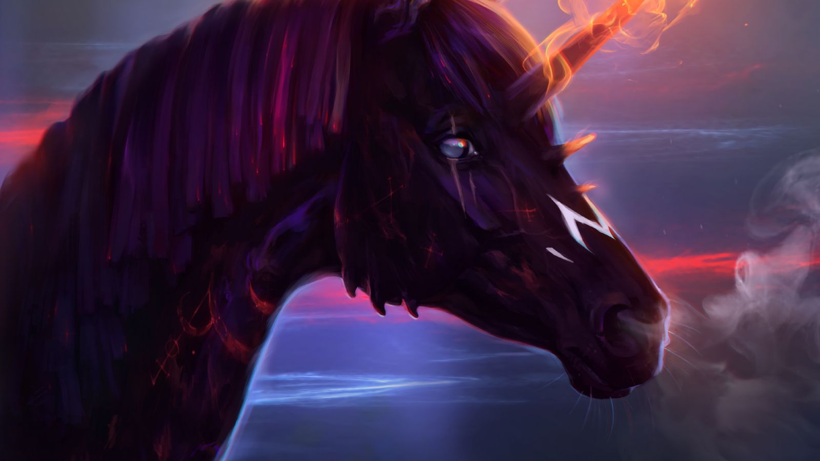 1600x900 Wallpaper unicorn, horse, art, fire