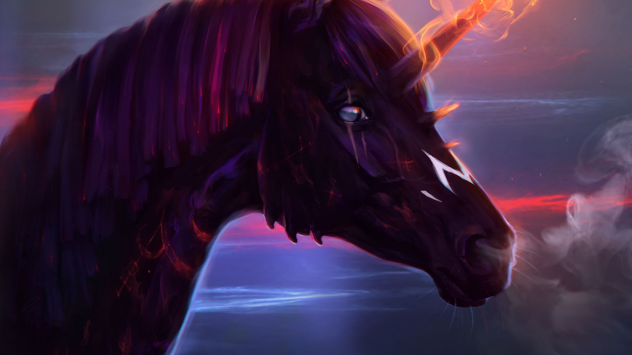 2048x1152 Wallpaper unicorn, horse, art, fire