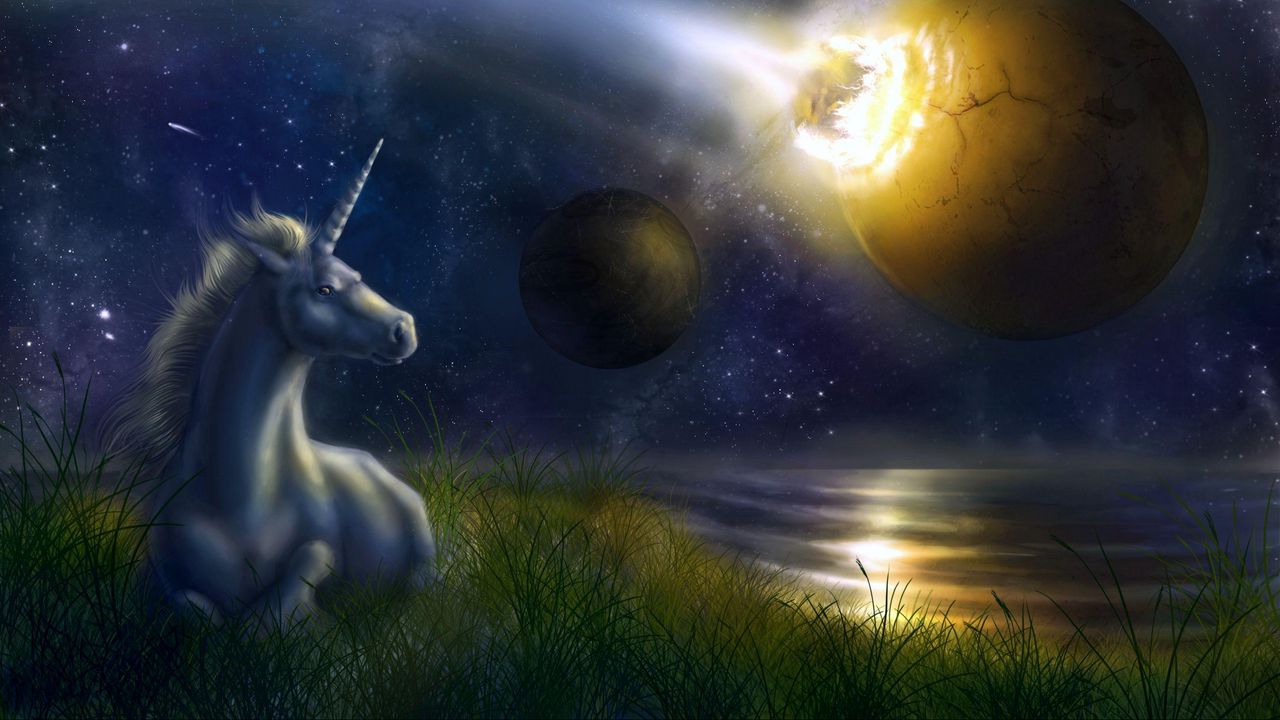 Wallpaper unicorn, night, space, planets, collision