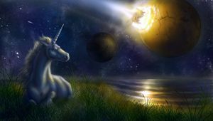 Preview wallpaper unicorn, night, space, planets, collision