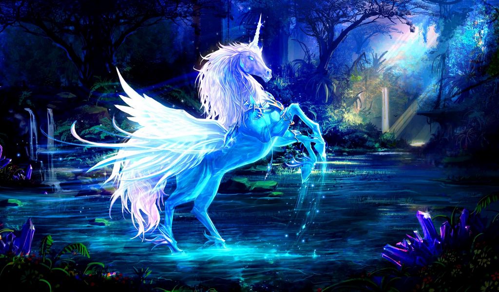 1024x600 Wallpaper unicorn, water, forest, night, magic