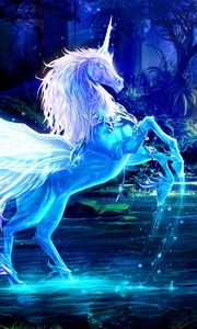 Preview wallpaper unicorn, water, forest, night, magic