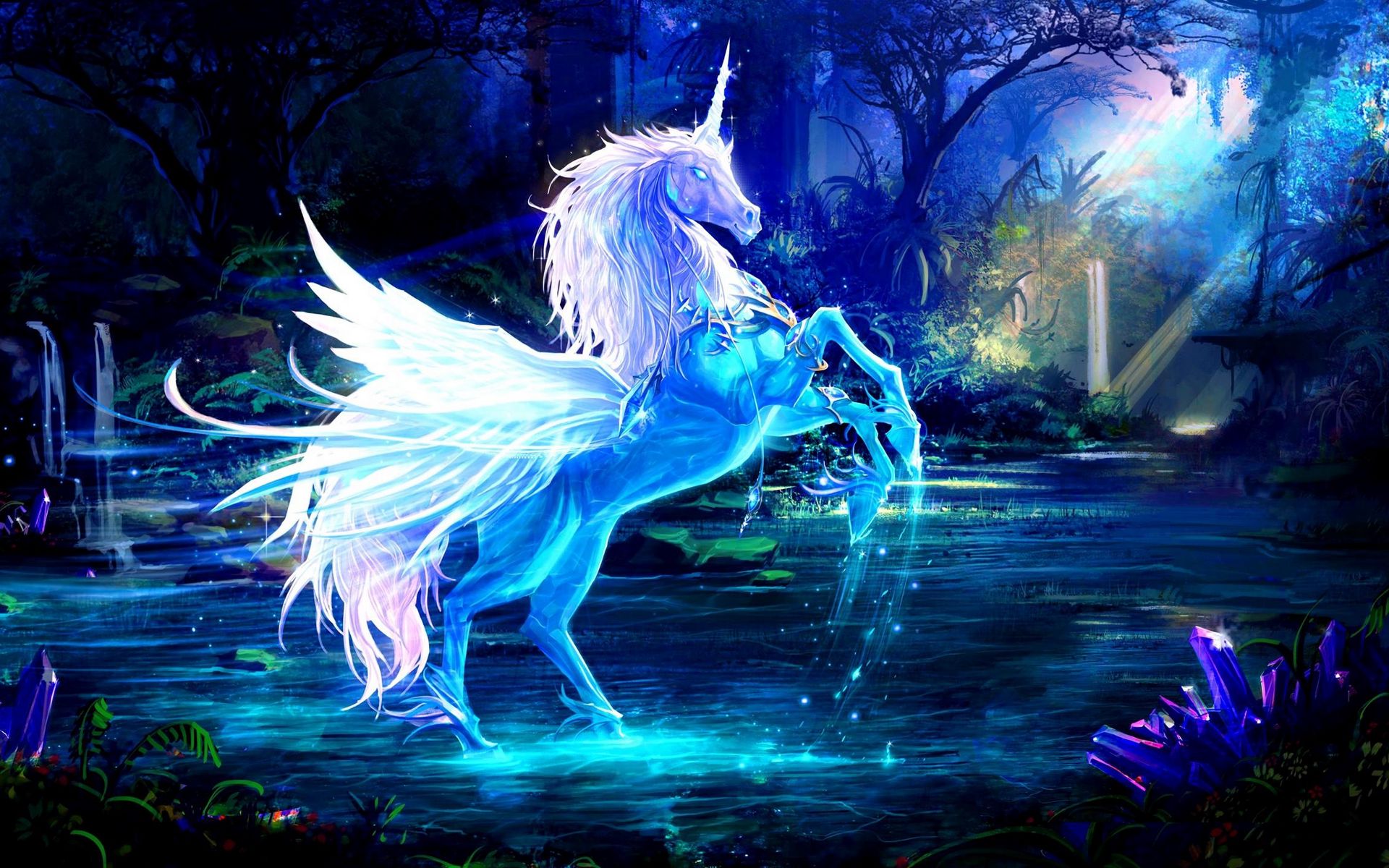 1920x1200 Wallpaper unicorn, water, forest, night, magic