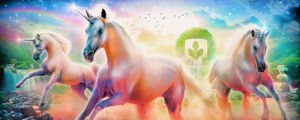 Preview wallpaper unicorns, horse, rainbow, emblem, tree, rocks