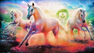 Preview wallpaper unicorns, horse, rainbow, emblem, tree, rocks
