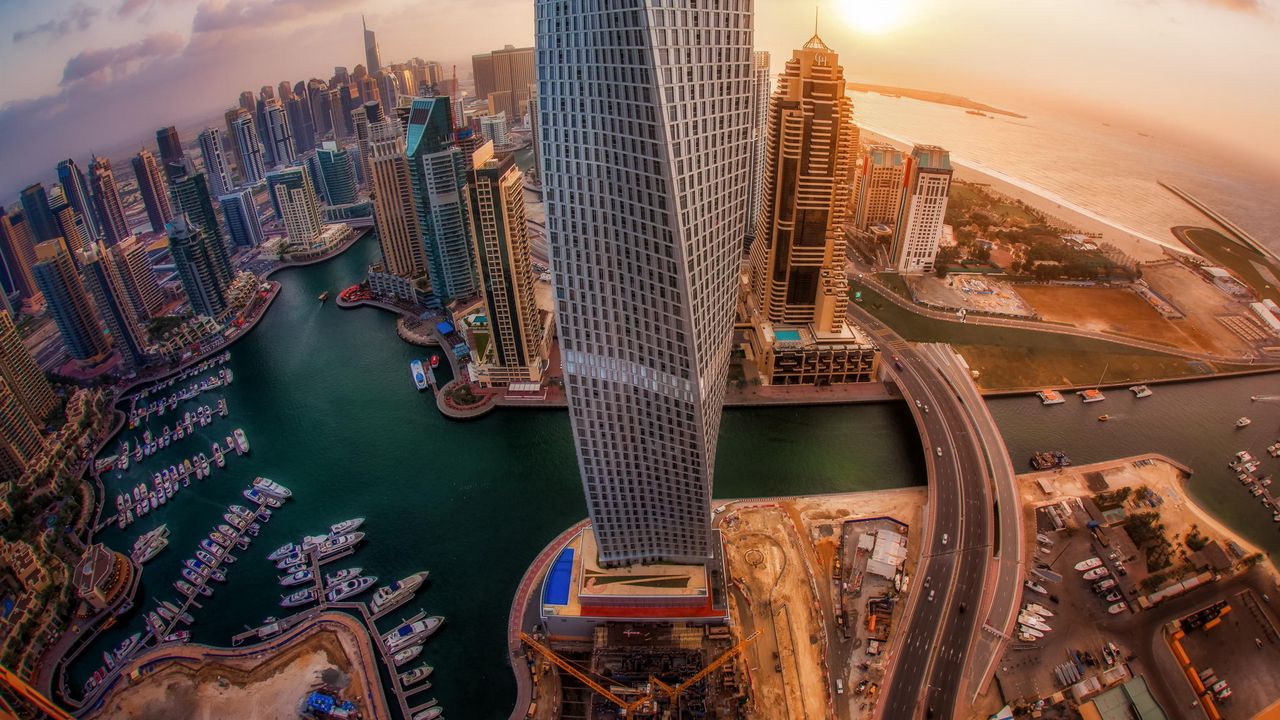 Wallpaper united arab emirates, skyscrapers, top view, sunrise, city, dubai