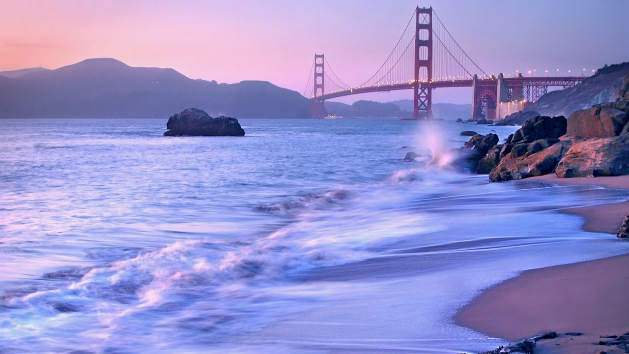 Wallpaper usa, california, san francisco, bridge, golden gate, strait, beach, stones, lavender, evening, landscape