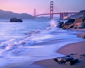 Preview wallpaper usa, california, san francisco, bridge, golden gate, strait, beach, stones, lavender, evening, landscape