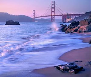 Preview wallpaper usa, california, san francisco, bridge, golden gate, strait, beach, stones, lavender, evening, landscape