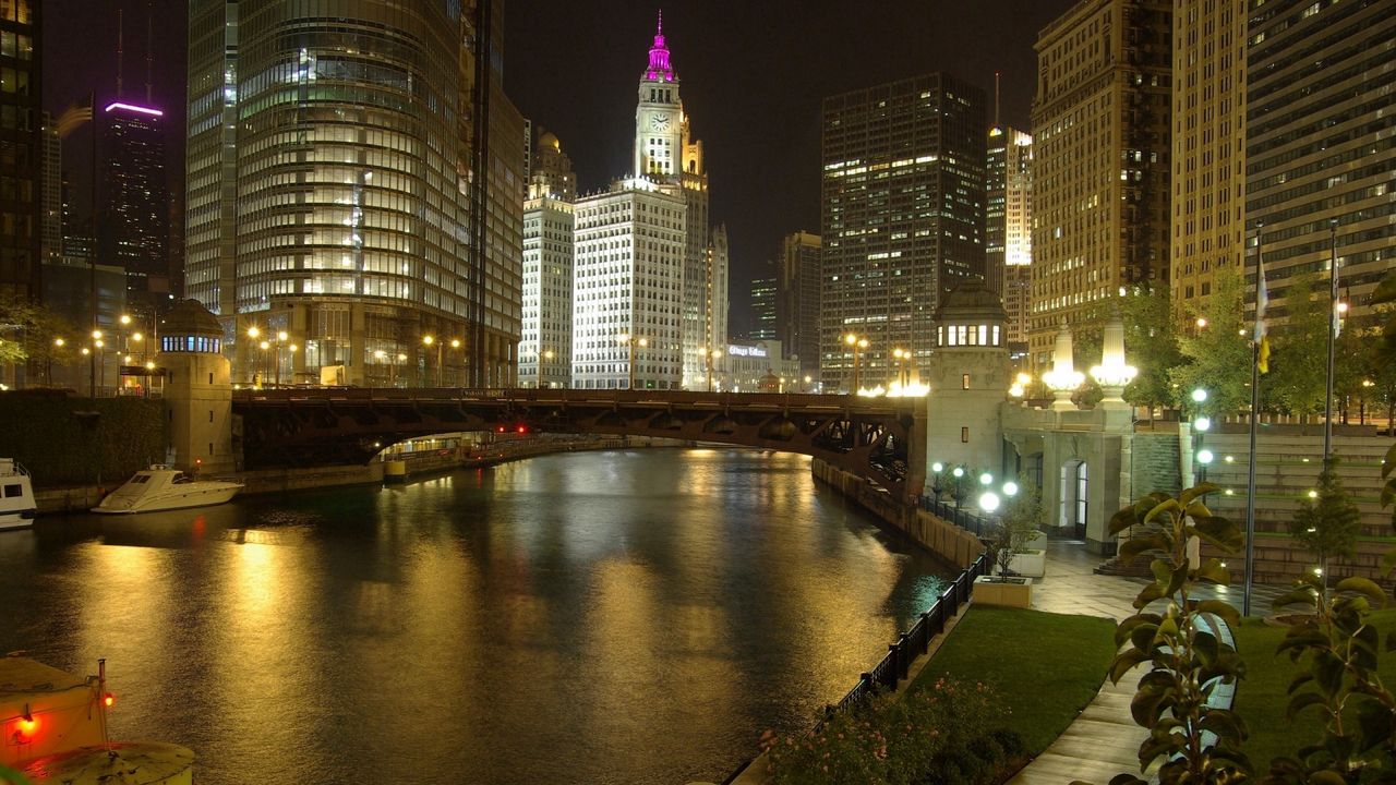 Wallpaper usa, illinois, chicago, city, street, night, river, bridge