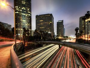 Preview wallpaper usa, skyscrapers, traffic, bridge