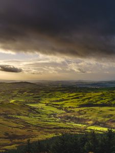 Preview wallpaper valley, clouds, relief, landscape, green